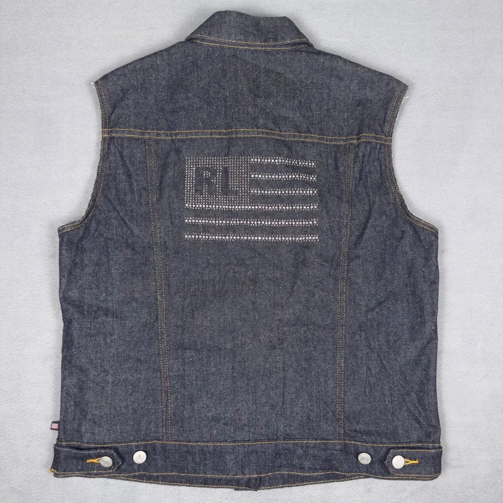 Y2K Polo Jeans Co‎ Ralph Lauren Rhinestone Flag Denim Vest Dark Wash XL